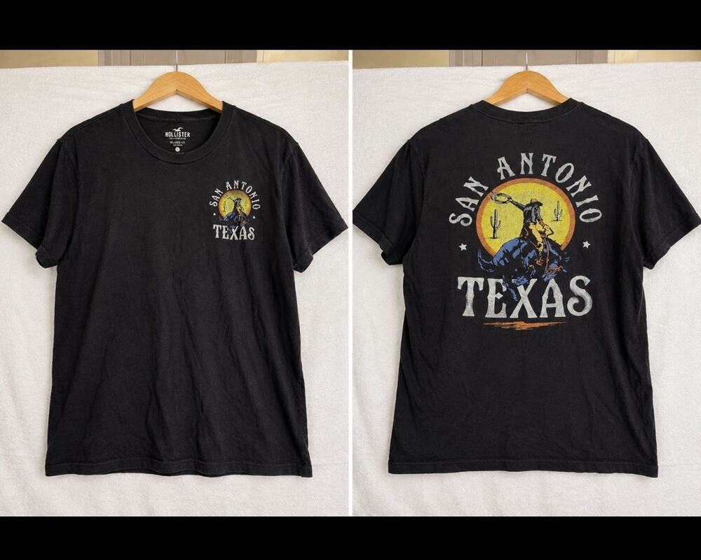Hollister San Antonio Texas T Shirt Men’s L Black Cowboy Rodeo Western Graphic